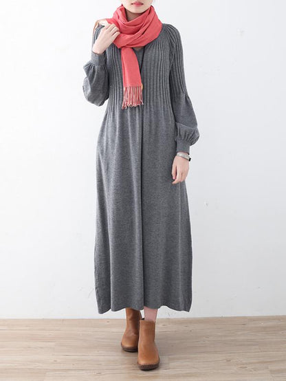 Solid Puff Sleeves Elastic Waist Sweater V-Neck Dress