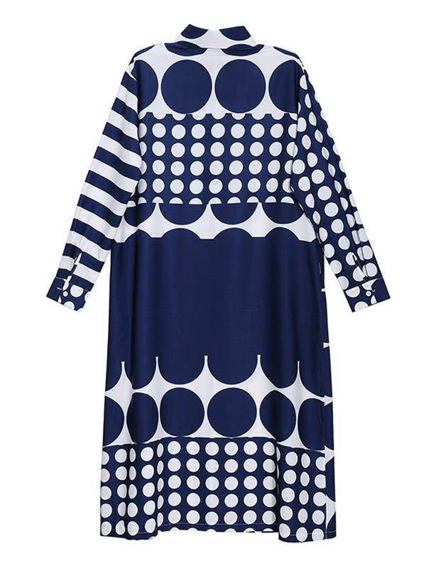 Original Striped Polka-Dot Split-Joint Buttoned Lapel Collar Long Sleeves Midi Shirt Dress