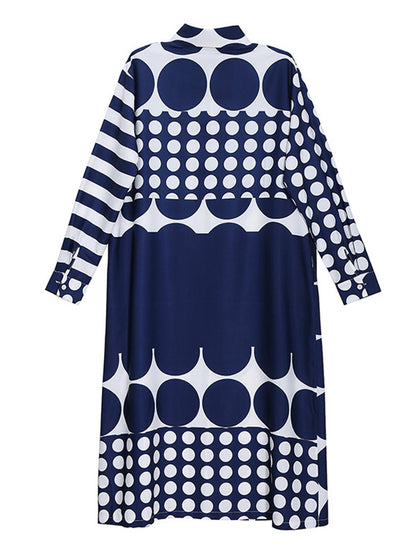 Original Striped Polka-Dot Split-Joint Buttoned Lapel Collar Long Sleeves Midi Shirt Dress