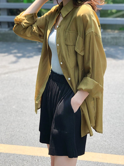 Casual Loose Solid Color Lapel Collar Long Sleeves Shirts