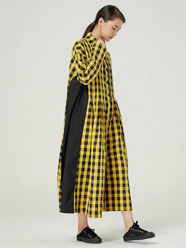 Casual Loose Long Sleeve Plaid Jumpsuits Bottoms