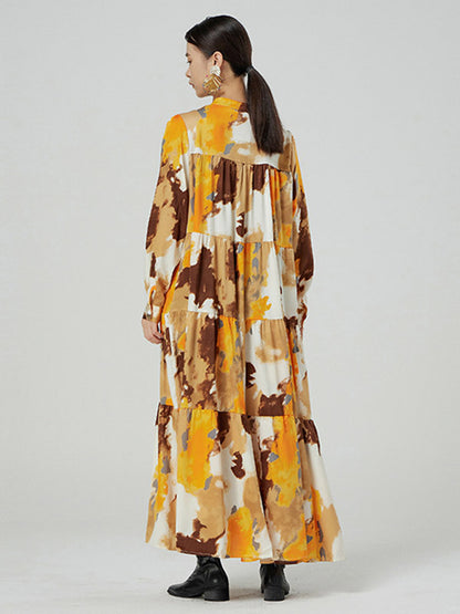 Original Graffiti Contrast Color Tie-Dyed Buttoned Pleated Stand Collar Long Sleeves Maxi Dress
