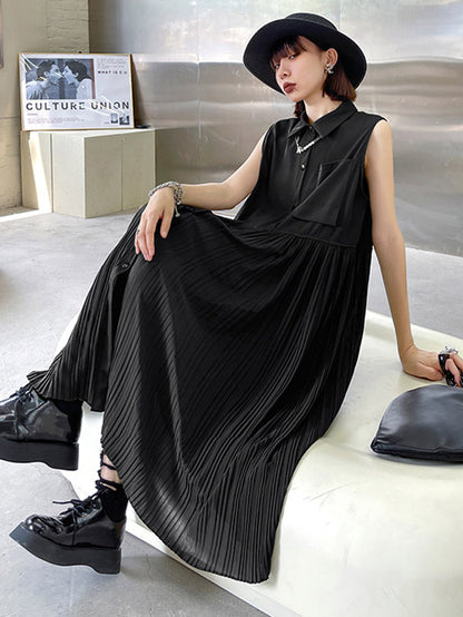 Fashion Split-Joint Pleated Sleeveless Lapel H-Line Midi Dress