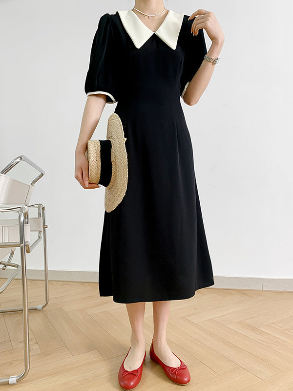 Urban Solid Color Bandage A-Line Lapel Short Sleeves Midi Dress
