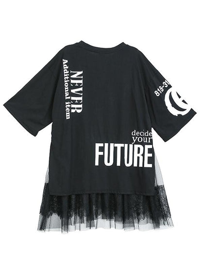 Mesh Asymmetric Printed Split-joint T-Shirt Dress