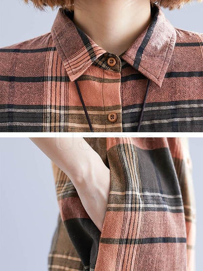 Loose Lapel Plaid Retro Shirt