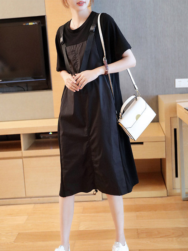 Original Casual Loose Solid Color Split-Joint Round-Neck Half Sleeves False Two Midi Dress