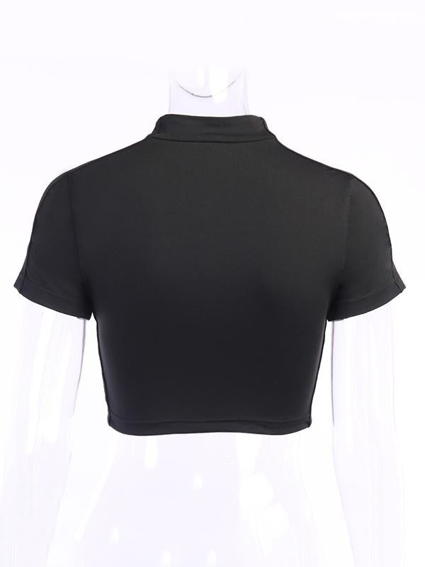 Wrap Contrast Color Zipper Exposed Navel T-Shirts Tops