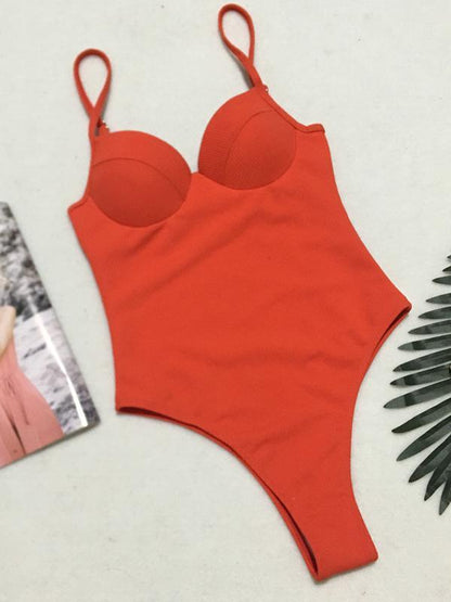 Plain Ribbed One-piece Swimwear