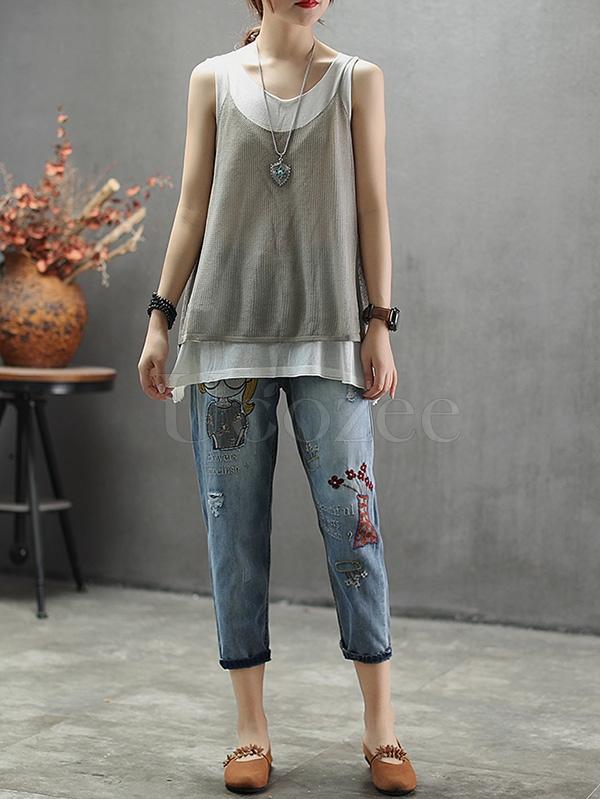 Casual Jean Embroidered Pants
