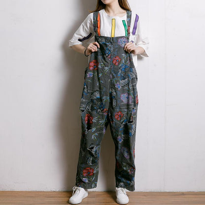 Birds And Flowers Printed Adjustable Strap Jumpsuit