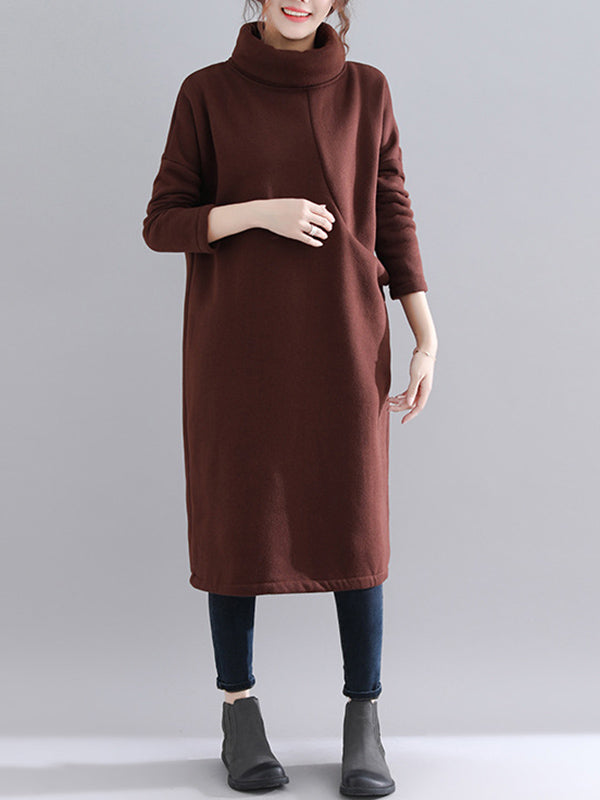 Simple Solid Color With Pocket High-Neck Long Sleeves Sweatshirt Dress