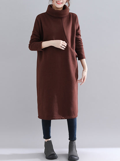 Simple Solid Color With Pocket High-Neck Long Sleeves Sweatshirt Dress