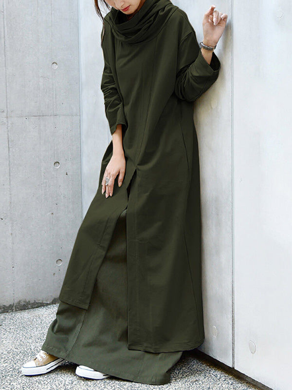 Casual Solid Color Split-Side Heaps Collar Long Sleeves Midi Dress