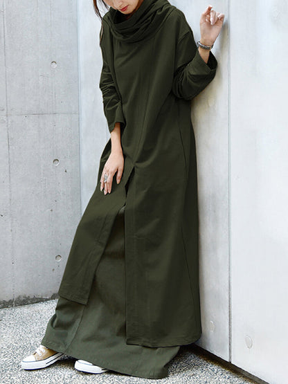 Casual Solid Color Split-Side Heaps Collar Long Sleeves Midi Dress