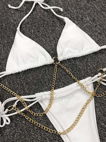 Solid Color Chain Bandage Split Bikini Swimsuit