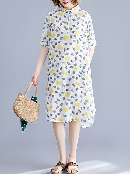 Artistic Retro Loose Contrast Color Printed Midi Shirt Dress