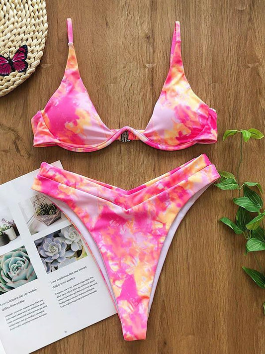 Tie-Dyed Spaghetti-Neck Split Bikini Swimsuit