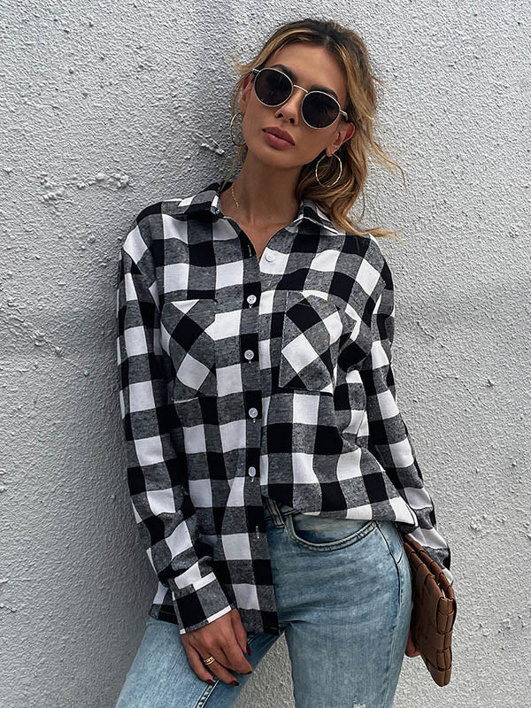 Causal Lapel Buttoned Plaid Long Sleeves Blouses