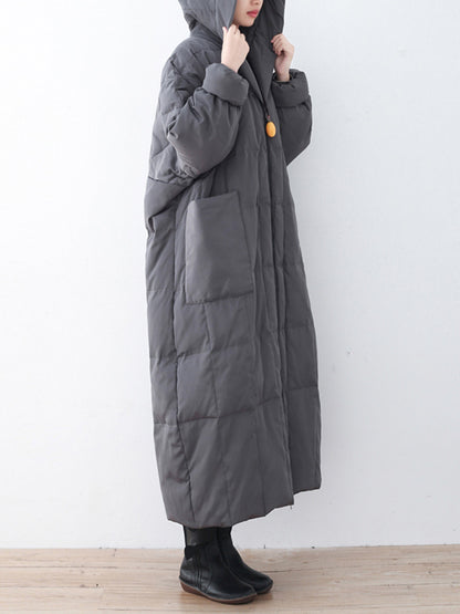 Simple White Duck Down Over Knee Solid Color Zipper Hooded Down Wear Coat