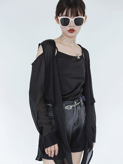 Casual Solid Color Cold Shoulder Long Sleeves Sun-Protection Outwear