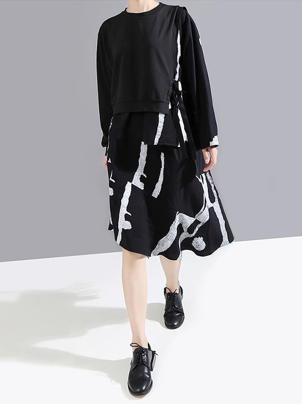 Round-Neck False Two Dress Asymmetric Long Sleeve Printed Dress With Bandage