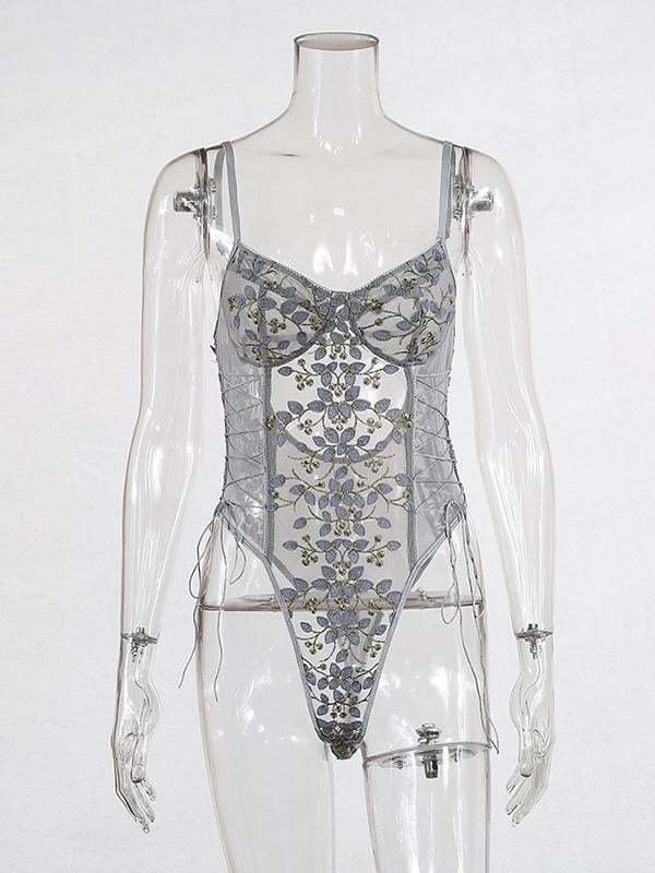 Embroidered See-Through Bandage Bodysuit Lingerie