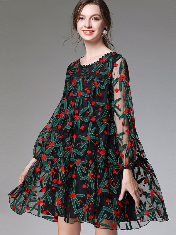 Original Lace Mesh Embroidered Contrast Color Mini Dress