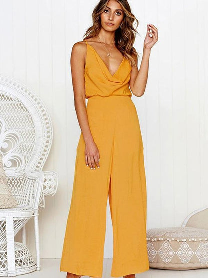 V-neck Backless Loose Solid Bohemia Jumpsuits
