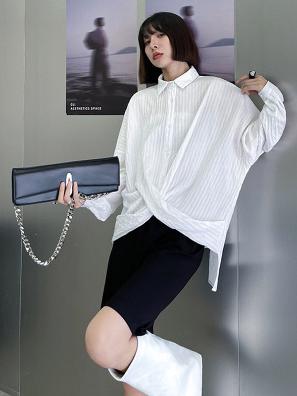 Casual Irregular Solid Color Buttoned Lapel Collar Long Sleeves Blouse