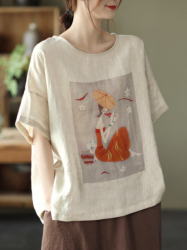 Ramie Cotton Printing Round-Neck T-Shirts Tops