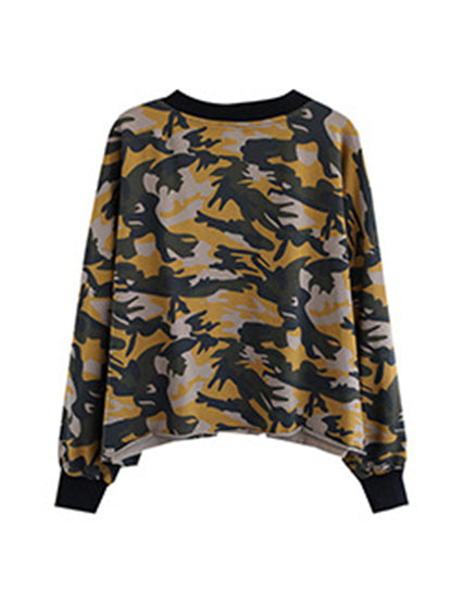 Casual Zipper V-Neck Camouflage Printed Long Sleeves Outerwear