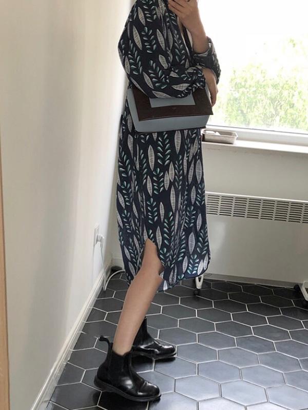V-neck Leaf Pattern Loose Printed Midi Dresses