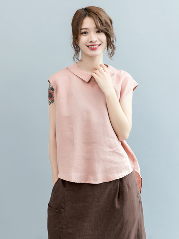 Simple Solid Color Lapel Cap Sleeve Vest Top