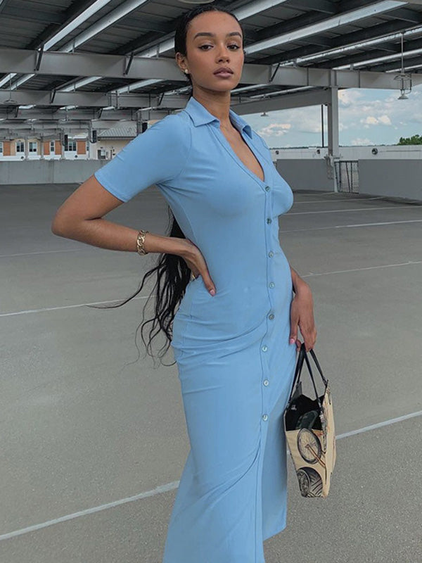 Simple Solid Color Lapel V-Neck Split-Front Midi Dress