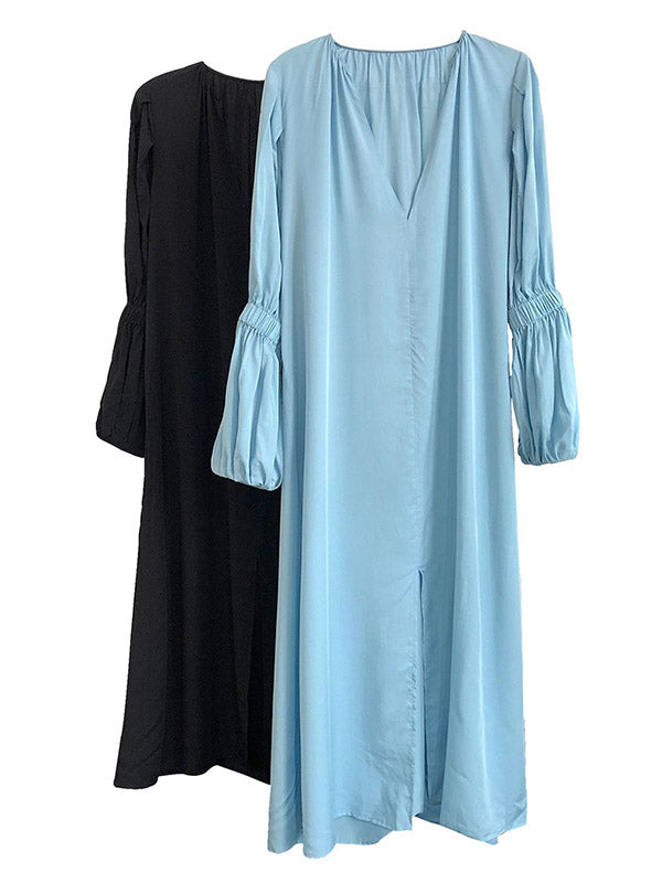 Fashion Split-Front Puff Sleeves V-Neck Midi Dress