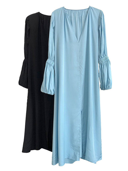 Fashion Split-Front Puff Sleeves V-Neck Midi Dress