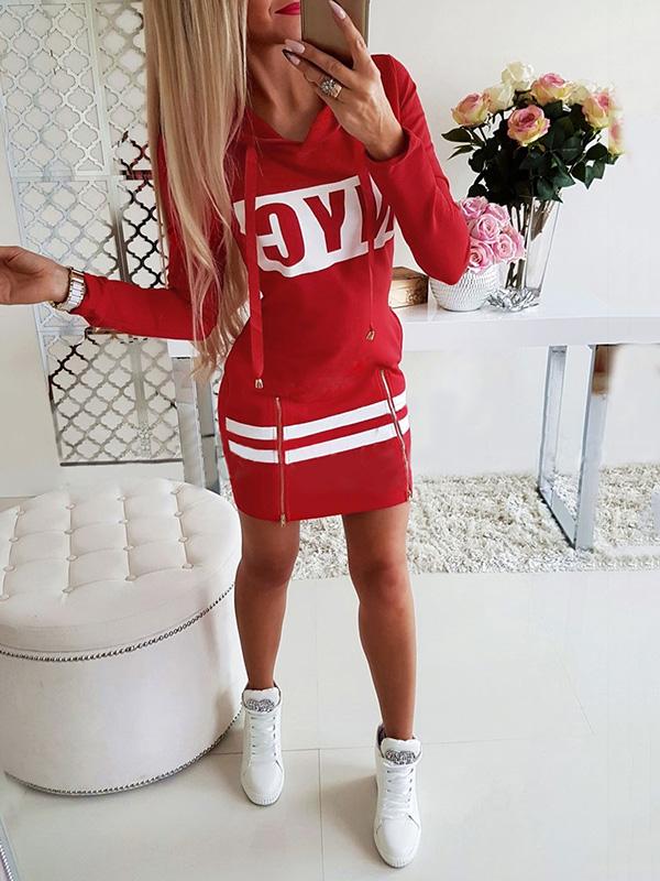 Fashion Long Sleeves Letters Printed Hooded Midi Dresses