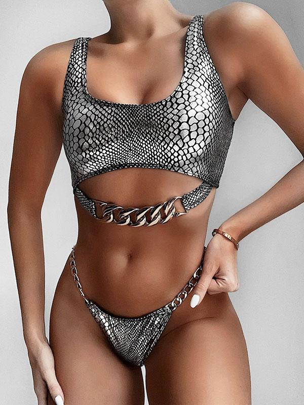 Snake-Print Chain Embellished Split Bikini Swimsuit