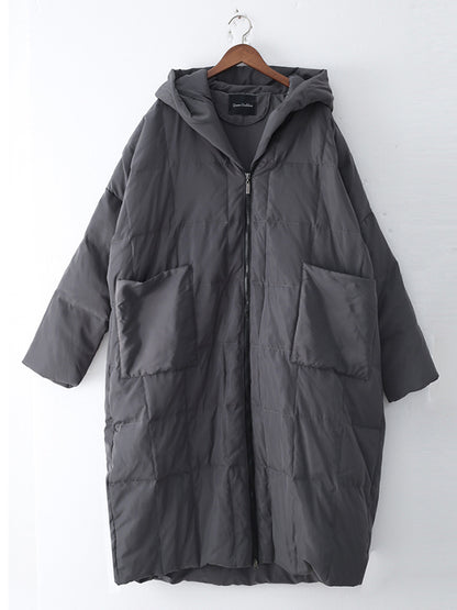 Simple White Duck Down Over Knee Solid Color Zipper Hooded Down Wear Coat
