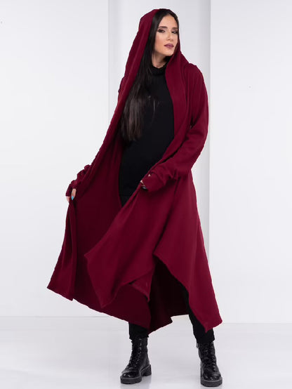 Simple Loose Coffee&Burgundy Split-Side Long Sleeves Hooded Outerwear