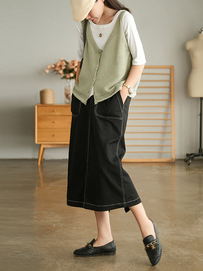 Simple Solid Color Buttoned V-Neck Hollow Vest Tops