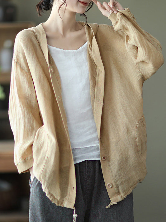 Casual Single Breasted Solid Color Linen Hooded Outerwear