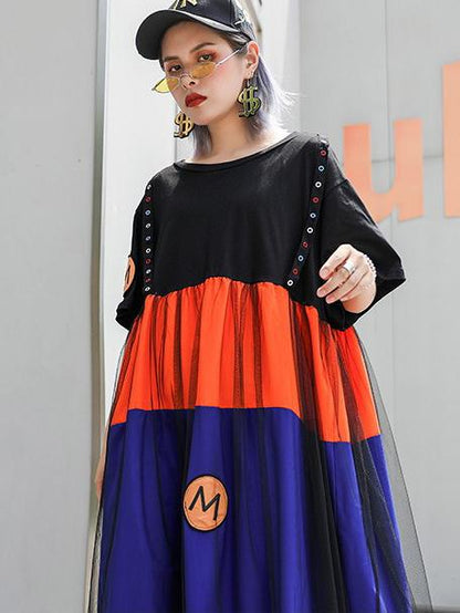 Loose Mesh Split-joint Short Sleeves Dress
