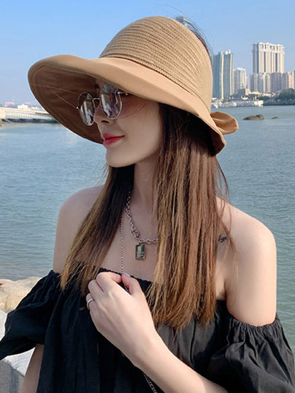 Stylish Solid Color Split-Joint Bow-Embellished Sun-Protection Large Wide Brim Knitted Hat