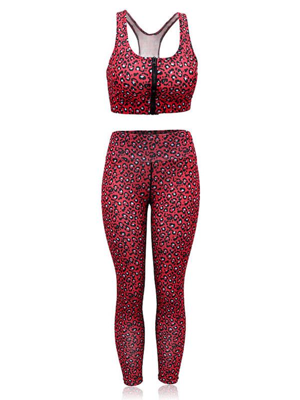 Red Leopard Printed Sports Tee& Yoga Leggings