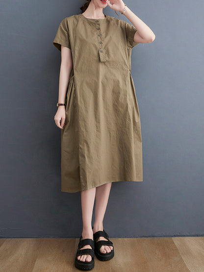 Casual Solid Color Round-Neck With Pocket Midi Dress