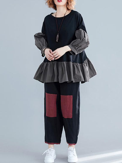 Loose Solid Falbala Split-joint Lantern Sleeve T-Shirt&Pants Suits
