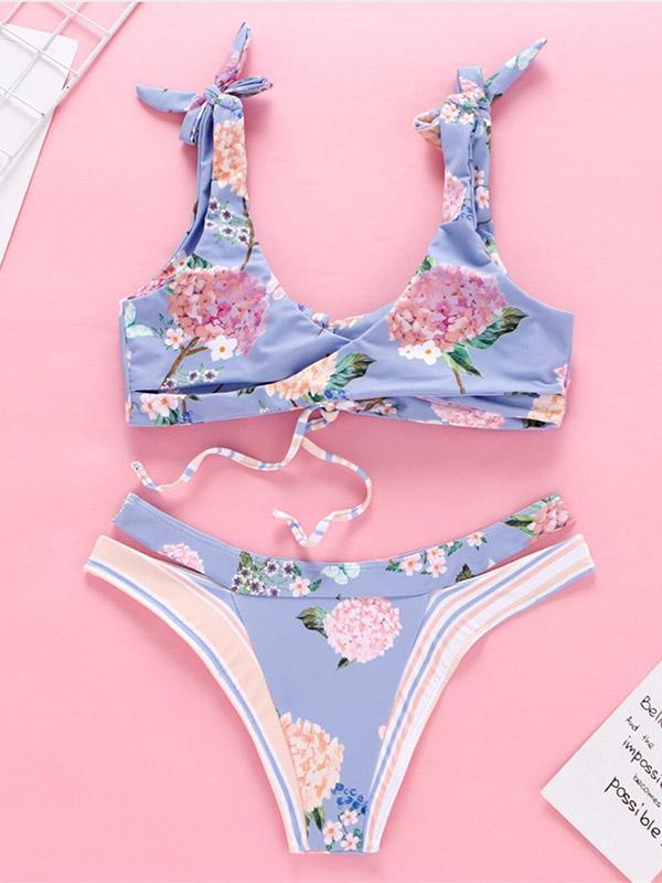 Lace Up Floral Bikini Swimsuit