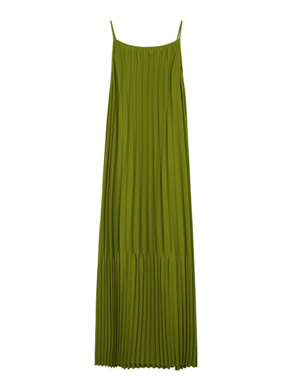 Fashion Spaghetti-Neck Solid Color Pleated Vest Dress Midi Dress